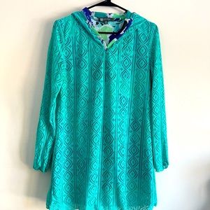 TITLE NINE Amphib women’s swim cover up hooded tunic dress turquoise size med